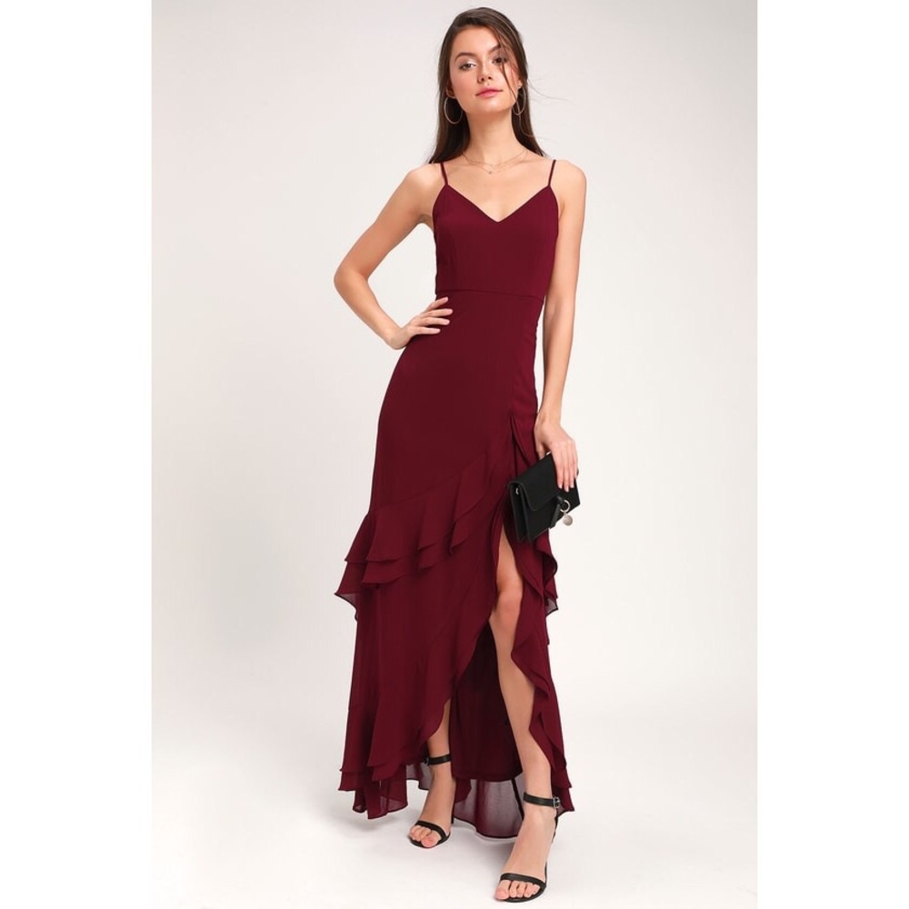 NWT Lulus Esther Burgundy Ruffle Maxi Dress